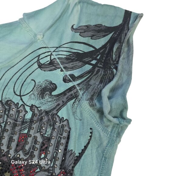 Crash & Burn Women's Graphic Tee Blue Sequins Glitter Anchor Semi Sheer Small - Picture 7 of 8